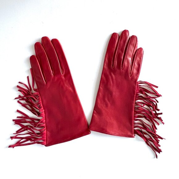 Neiman Marcus Red Leather Italian Gloves with Fringe, Size 7 1/2, Silk Lining EC - Picture 12 of 12